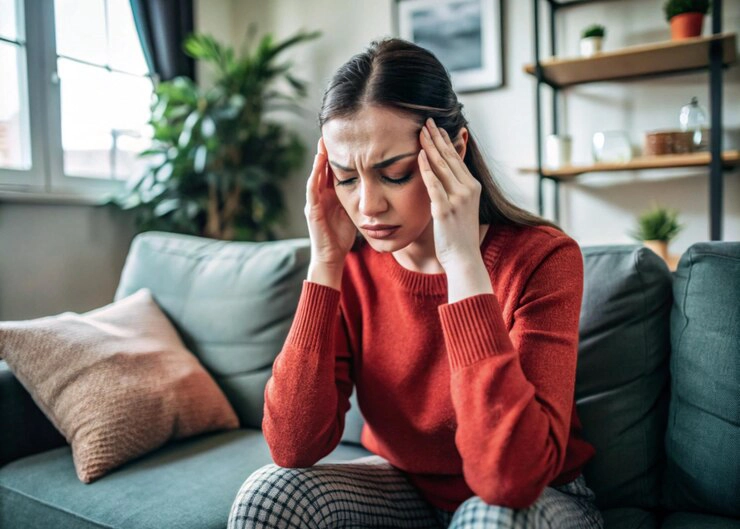 Frustrated woman sitting on couch holding her head, experiencing a migraine headache